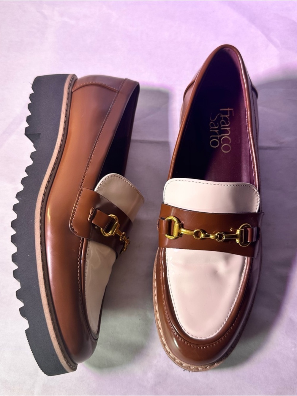 Franco Sarto Brown and Cream Leather Two-Tone Loafer with Gold Chain - Picture 5 of 9